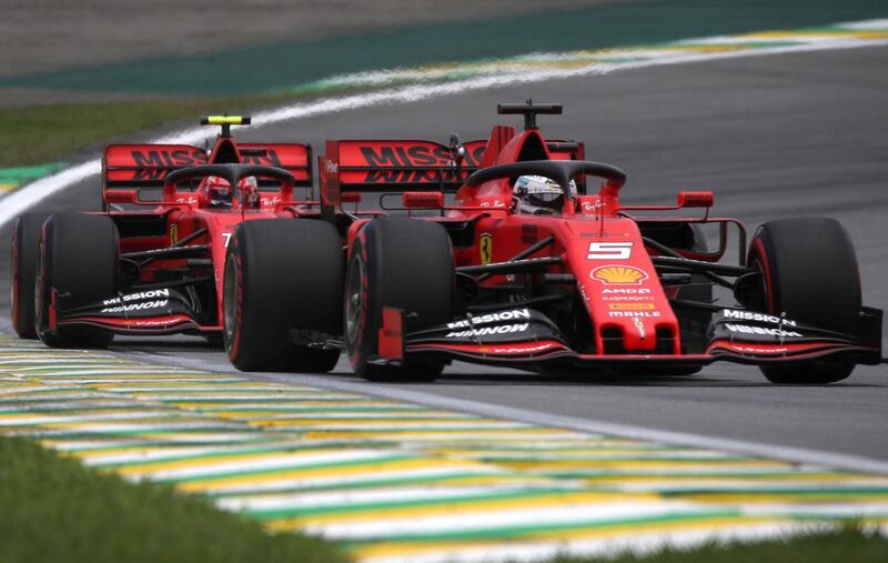 Ferrari drivers Charles Leclerc and Sebastian Vettel in action during practice for the Brazilian Grand Prix. Reuters