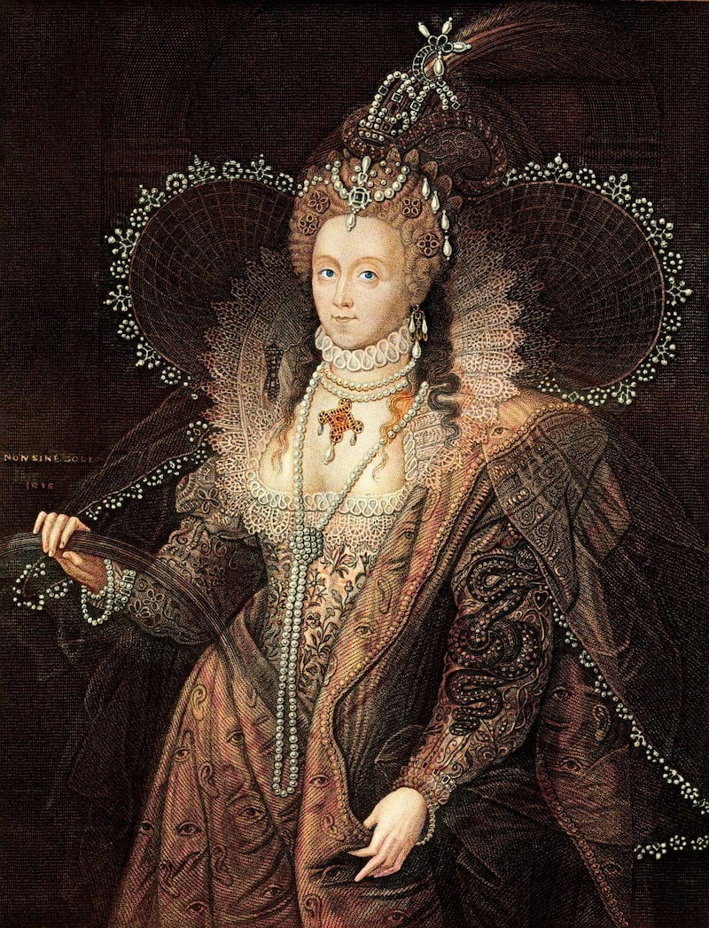 Vintage engraving of Queen Elizabeth the First of England reigned from 1558 to 1603.  She was also known as The Virgin Queen, Gloriana, or Good Queen Bess. This engraving is based on the famous Rainbow portrait of the Queen painted in 1600. Note engraving from  1855 photo and colour work by by D Walker