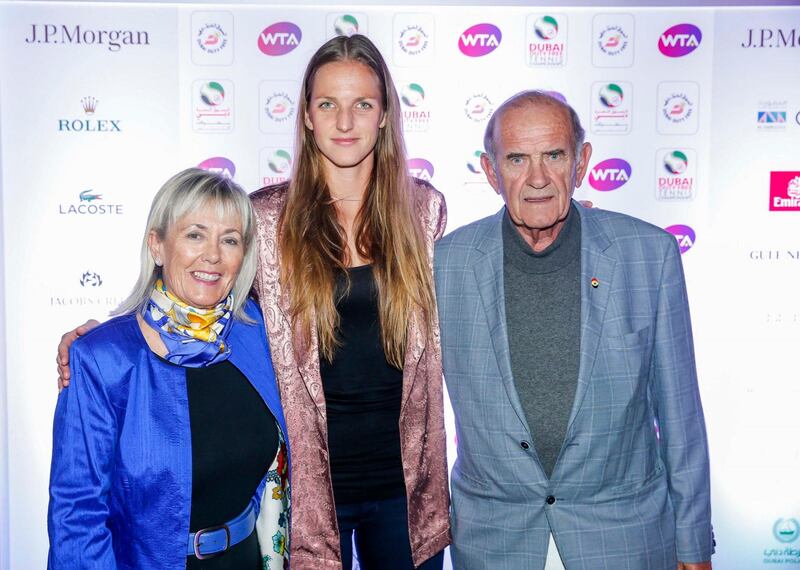 Breeda and Colm McLoughlin with Karolina Pliskova. Courtesy Dubai Duty Free Tennis Championships