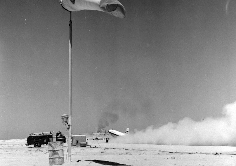 Gulf Aviation Dakota taking off from Das Island, Abu Dhabi 
runway, September 1962 *** Local Caption *** *eds note* Mandatory Credit - Courtesy BP Archive