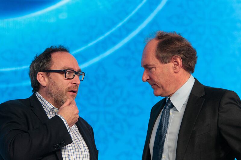 Dubai, United Arab Emirates - December 7, 2014.  ( Left to right ) Jimmy Wales ( Founder of Wikipedia ) and Sir Tim Berners-Lee ( Inventor of the WorldWideWeb ) during The First Knowledge Conference, held at Grand Hyatt Hotel.  ( Jeffrey E Biteng / The National )  Editor's Note; Ramola T reports.