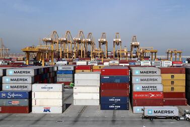 Cargo containers at Jebel Ali Port in Dubai. Etihad Credit Insurance on Sunday said it extended Dh420 million worth of trade credit support to small and medium enterprises in the first eleven months of 2020. Reuters. 