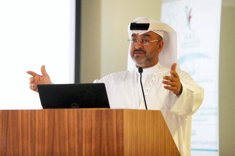 ABU DHABI , UNITED ARAB EMIRATES, September 11 – 2018 :- Dr Hamad Al Ghaferi , Director General , National Rehabilitation Centre speaking during the WHO Drugs Conference held at the National Rehabilitation Centre in Abu Dhabi. ( Pawan Singh / The National )  For News. Story by Haneen Dajani