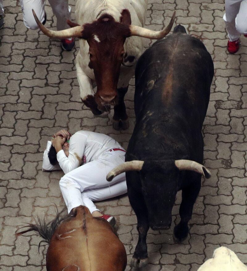 A runner protects himself after falling down in front of the bulls.  Juan Pedro Urdiroz / EPA