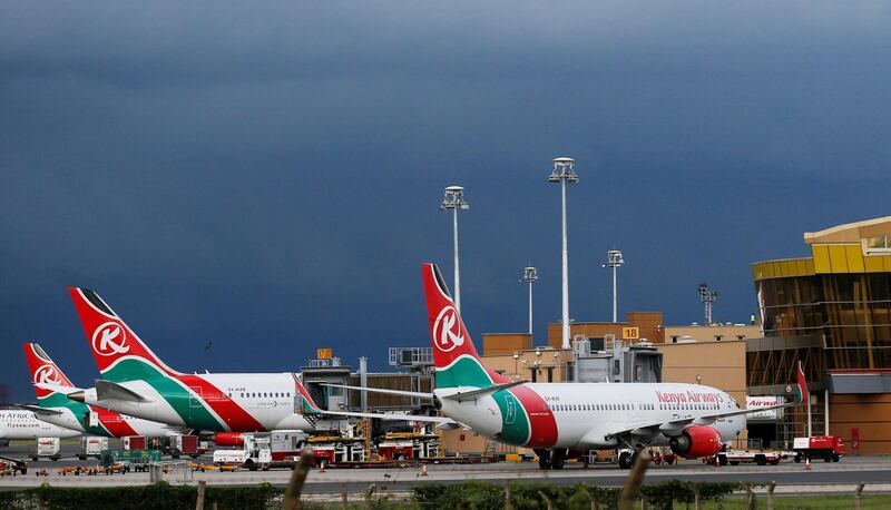 FILE PHOTO: Kenya Airways planes are seen parked at the Jomo Kenyatta International Airport near Kenya's capital Nairobi, April 28, 2016. Picture taken April 28, 2016. REUTERS/Thomas Mukoya/File Photo