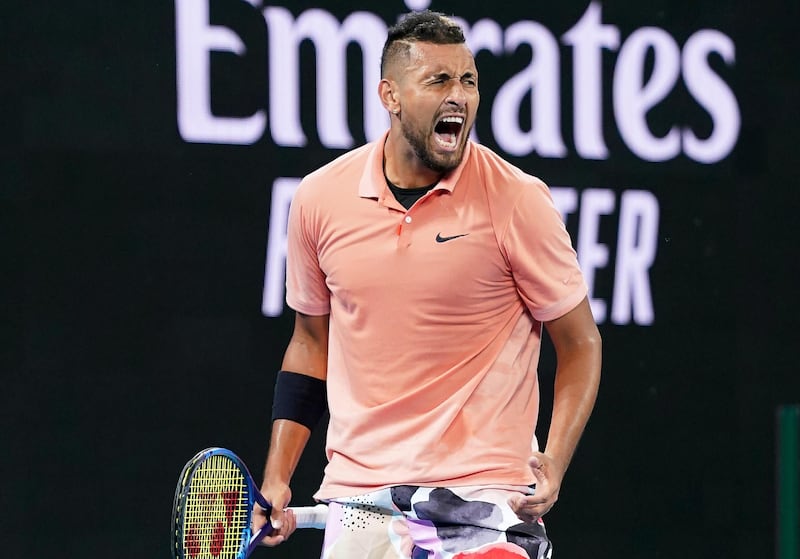 epa08146893 Nick Kyrgios of Australia celebrates after winning his first round match against Lorenzo Sonego of Italy at the Australian Open Grand Slam tennis tournament at Melbourne Arena in Melbourne, Australia, 21 January 2020.  EPA/DAVE HUNT AUSTRALIA AND NEW ZEALAND OUT