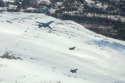 This Handout photo made avaiable by the Norwegian Armed Forces shows US Air Force B-1B bombers along with Norwegian Air Force F-35A while training in the Norwegian air space on May 20, 2020. - The United States is deploying long-range B-1 bombers to Norway to train in the strategically important High North, a new show of force in an ongoing military build-up unseen in the region since the Cold War. (Photo by - / Norwegian Armed Forces / AFP) / RESTRICTED TO EDITORIAL USE - MANDATORY CREDIT "AFP PHOTO / Norwegian Armed forces " - NO MARKETING - NO ADVERTISING CAMPAIGNS - DISTRIBUTED AS A SERVICE TO CLIENTS