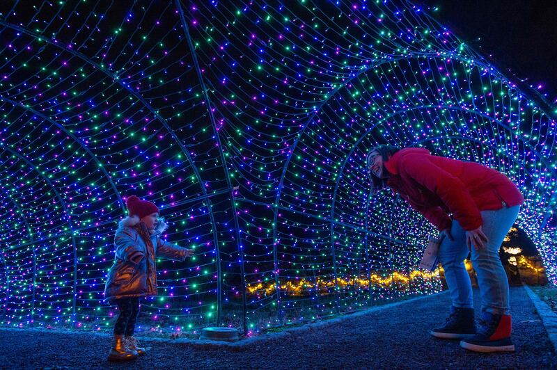 A child looks at her mother in a light tunnel at the Eleanor Cabot Bradley Estate as part of the trustees' winter lights event in Canton, Massachusetts. AFP