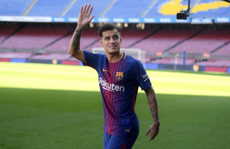 BARCELONA, SPAIN - JANUARY 08:  New Barcelona signing Philippe Coutinho is unveiled at Camp Nou on January 8, 2018 in Barcelona, Spain. The Brazilian player signed from Liverpool, has agreed a deal with the Catalan club until 2023 season.  (Photo by David Ramos/Getty Images)