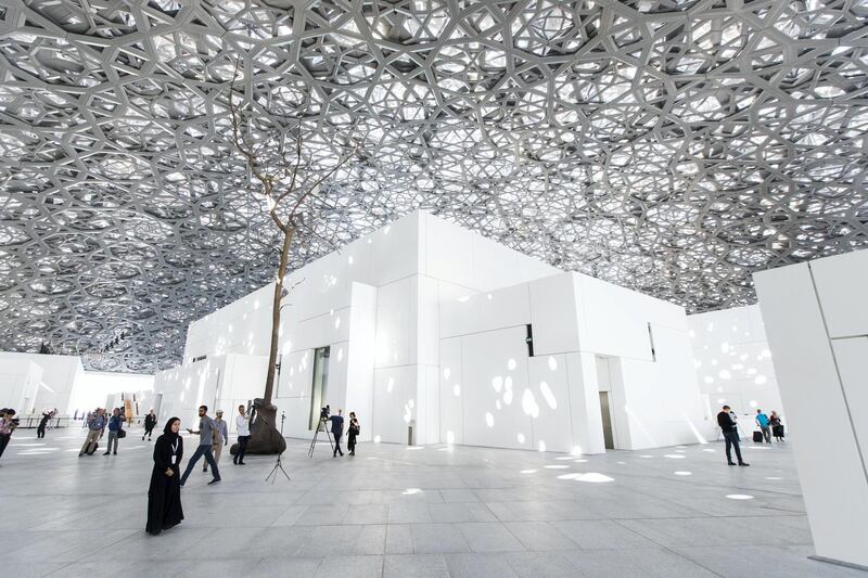 Abu Dhabi, United Arab Emirates, November 6, 2017:    General view of the Louvre Abu Dhabi during the media tour ahead of opening day on Saadiyat Island in Abu Dhabi on November 6, 2017. The Louvre Abu Dhabi will open November 11th. Christopher Pike / The National

Reporter: Mina Aldroubi
Section: News