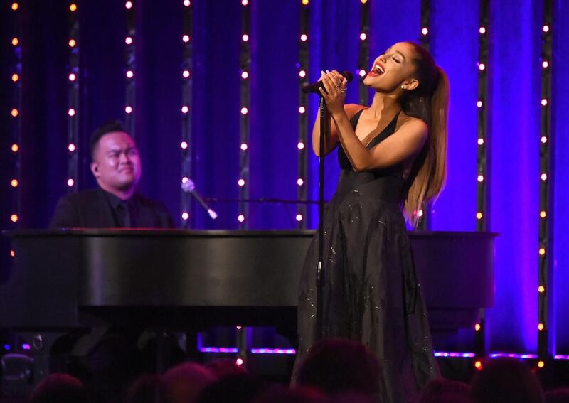 Ariana Grande performs at a charity gala in New York City last month. Her new album Dangerous Woman is full of vocal fireworks and thrills. Kevin Mazur / Getty Images