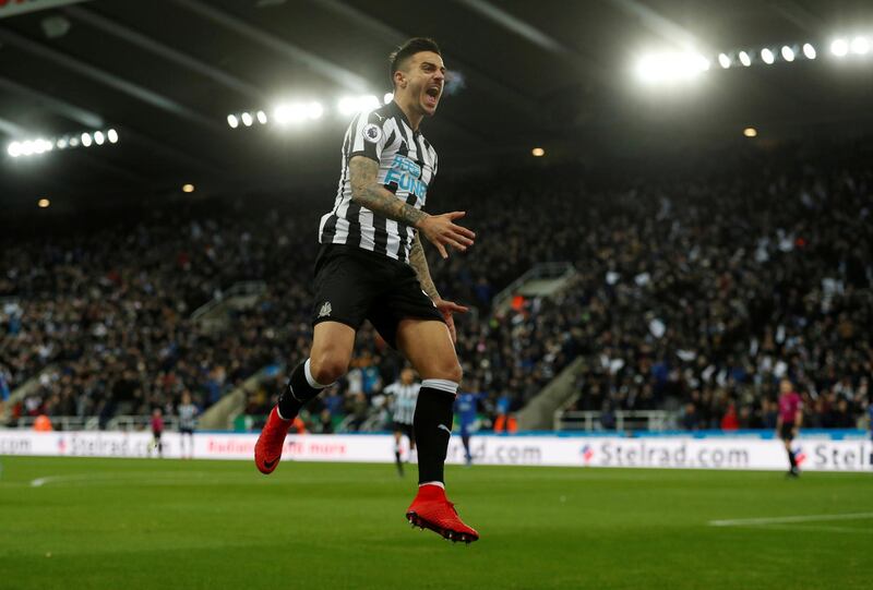 Soccer Football - Premier League - Newcastle United vs Leicester City - St James' Park, Newcastle, Britain - December 9, 2017   Newcastle United's Joselu celebrates scoring their first goal       Action Images via Reuters/Lee Smith    EDITORIAL USE ONLY. No use with unauthorized audio, video, data, fixture lists, club/league logos or "live" services. Online in-match use limited to 75 images, no video emulation. No use in betting, games or single club/league/player publications. Please contact your account representative for further details.     TPX IMAGES OF THE DAY