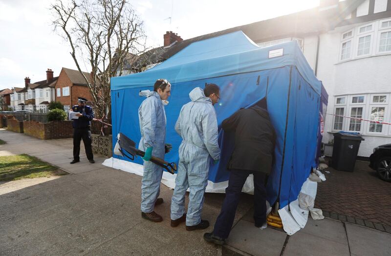 Forensics investigators arrive at the home of Nikolai Glushkov in New Malden, on the outskirts of London, Britain, March 14, 2018. REUTERS/Peter Nicholls