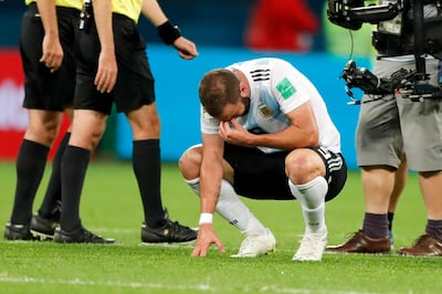 Argentina's Gonzalo Higuain cries after his 2-1 during the group D against Nigeria, at the 2018 soccer World Cup in the St. Petersburg Stadium in St. Petersburg, Russia, Tuesday, June 26, 2018. Argentina qualified to the round of sixteen. (AP Photo/Ricardo Mazalan)