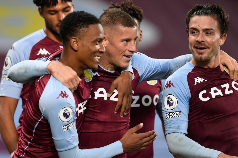 Aston Villa's Ross Barkley, centre, celebrates with his teammates after scoring Villa's fifth. Getty