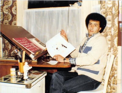 The birth of Alsatoor - Hasan Dhaimish in 1980 at the drawing board in Burnley in Lancashire, where he lived. Courtesy Sherif Dhaimish