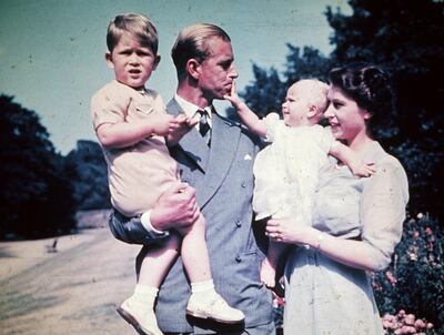 August 1951:  Princess Elizabeth with her husband Prince Philip Duke of Edinburgh and their children Prince Charles and Princess Anne.  (Photo by Keystone/Hulton Archive/Getty Images)