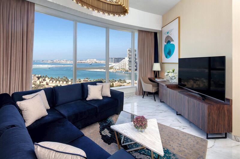 Rooms in the Dubai Media City hotel range from studios to three-bedroom apartments that can sleep up to six adults and three children.
