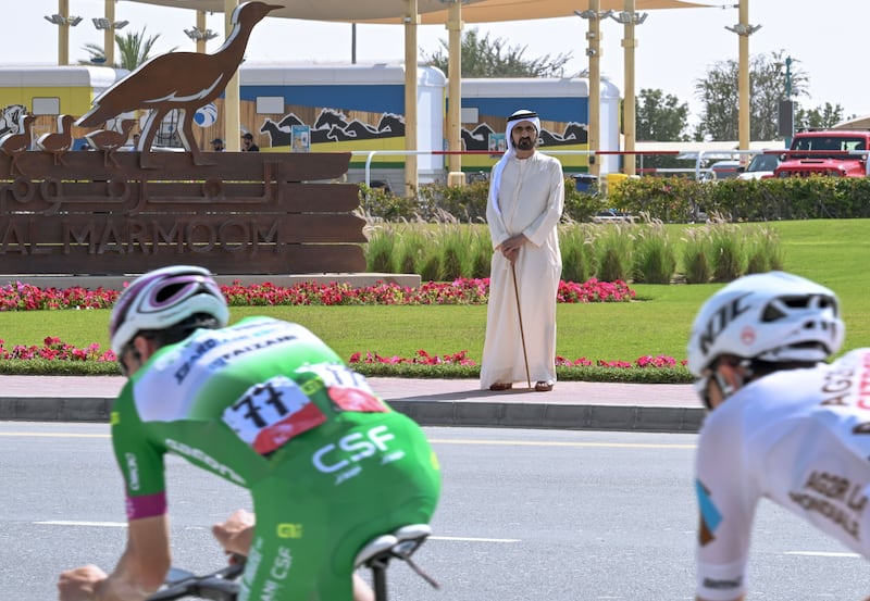Sheikh Mohammed watches as the peloton passes. Photo: Dubai Media Office