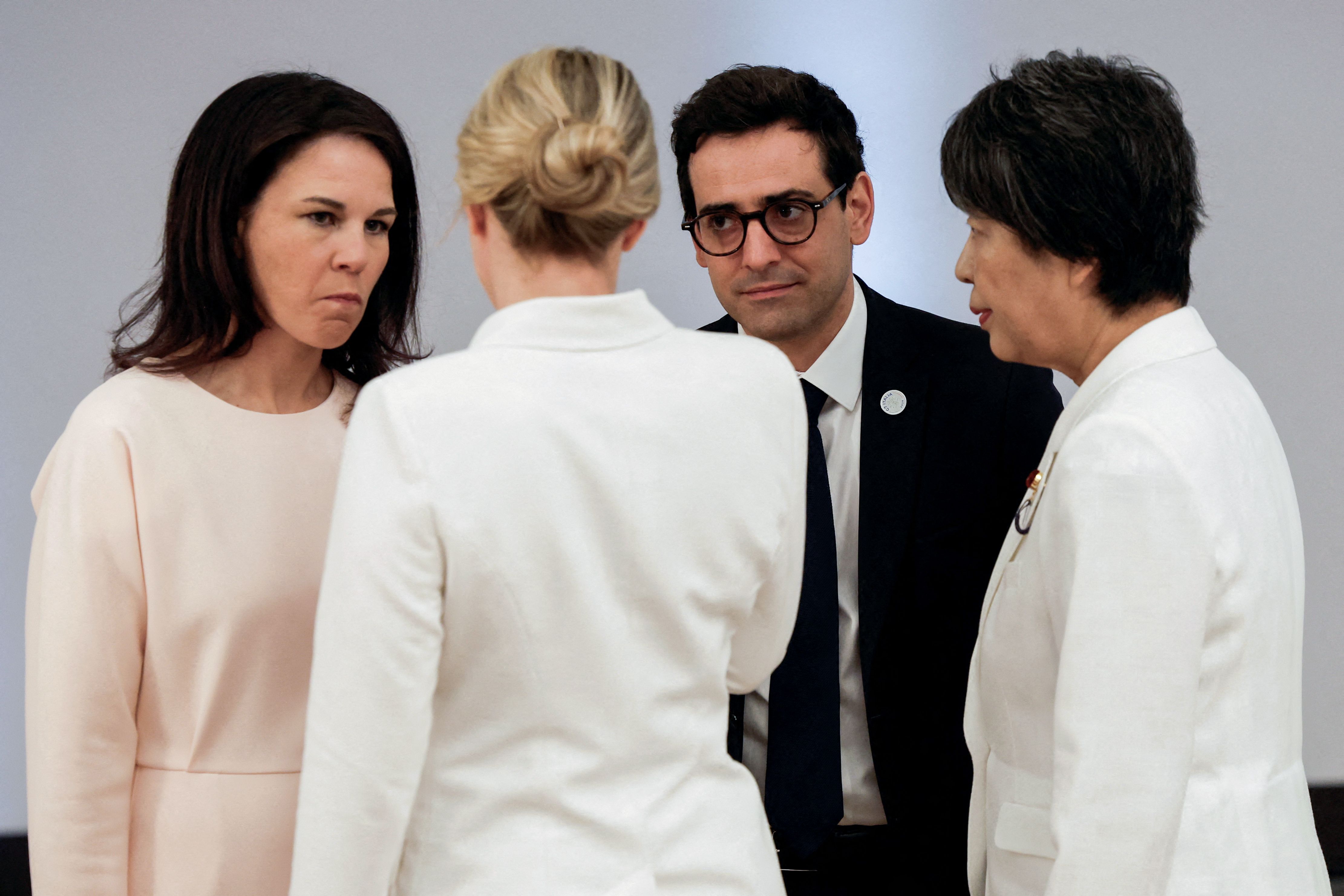 (From L) German Foreign Minister Annalena Baerbock, Canadian Minister of Foreign Affairs Melanie Joly, French Foreign Minister Stephane Sejourne and Japanese Foreign Minister Yoko Kamikawa attend the G7 foreign ministers meeting on Capri island, on April 18, 2024.  (Photo by Remo Casilli  /  POOL  /  AFP)