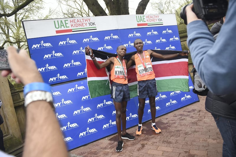 MANHATTAN, NEW YORK, APRIL 29, 2018 People are seen participating in the 2018 UAE Healthy Kidney 10K Run in Central Park in  Manhattan, NY.  Rhonex Kipruto pf Kenya wins the race. He is seen with Mathew Kimeli of Kenya, left, 4/29/2018 Photo by ©Jennifer S. Altman All Rights Reserved
