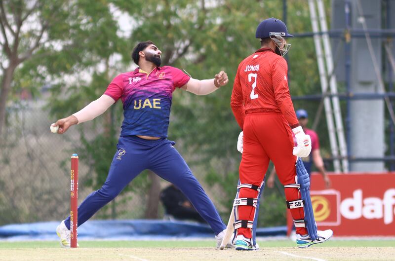 UAE captain Muhammad Waseem bowls during the ACC Men's Premier Cup match against Bahrain in Al Amerat, Muscat, on Saturday, April 13, 2024. All photos: Subas Humagain for The National