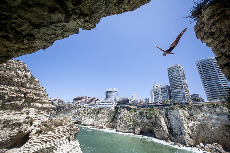 Jessica Macaulay of the UK dives from the 20-metre cliff in Raouche during the first competition day of the fifth stop of the Red Bull Cliff Diving World Series. Getty Images