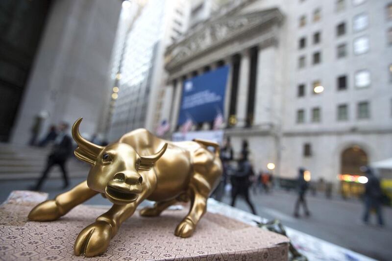 A miniature of Wall Street’s Charging Bull. Short- to medium-term prospects for US equities are likely to improve. Mary Altaffer / AP Photo