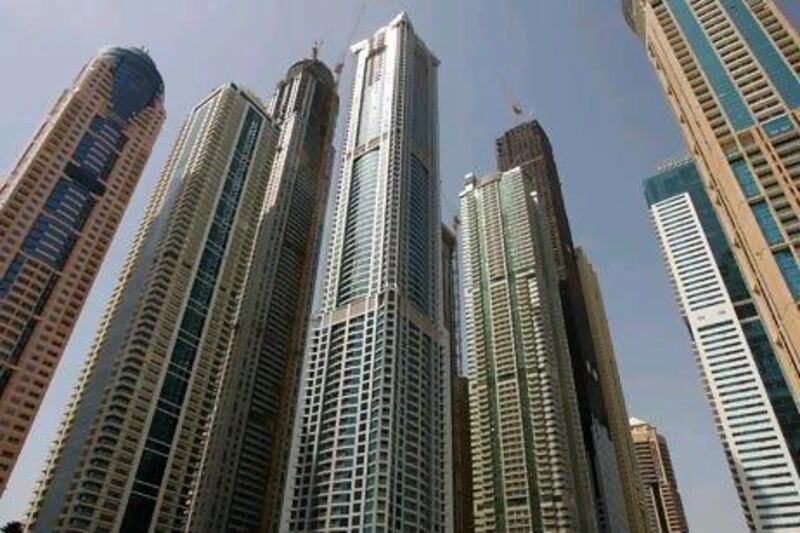 The Torch residential tower, centre, in Dubai Marina. Pawan Singh / The National