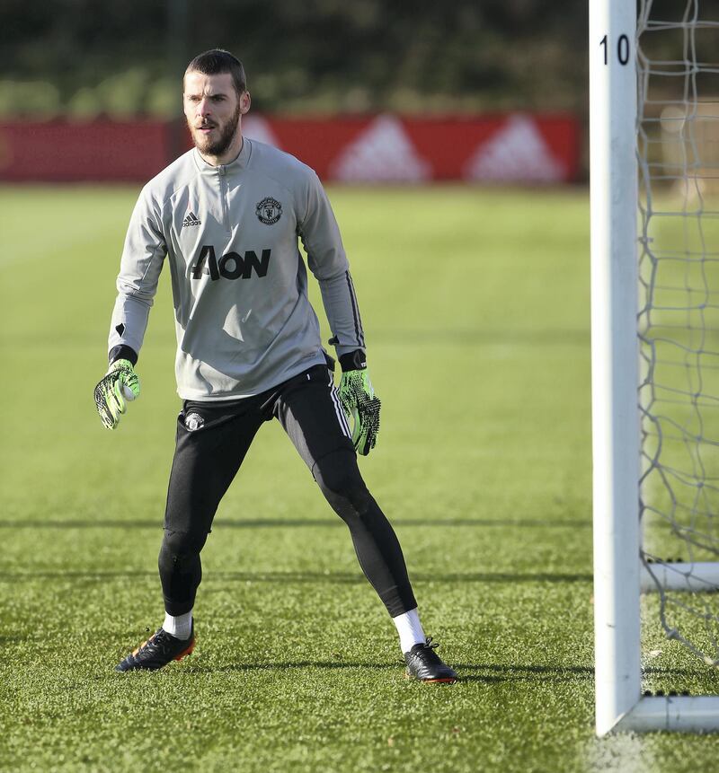 MANCHESTER, ENGLAND - NOVEMBER 23: David de Gea of Manchester United in action during a first team training session ahead of the UEFA Champions League Group H stage match between Manchester United and Ä°stanbul Basaksehir at Aon Training Complex on November 23, 2020 in Manchester, England. (Photo by Matthew Peters/Manchester United via Getty Images)