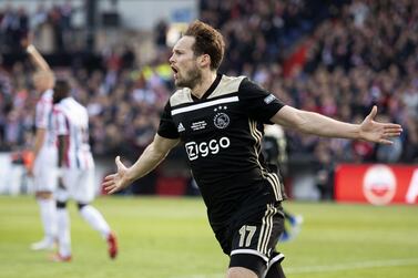 Ajax Amsterdam's Dutch defender Daley Blind celebrates after scoring a goal during the final match of the Dutch KNVB cup between Willem II Tilburg and Ajax Amsterdam in Rotterdam, the Netherlands, on May 5, 2019. Netherlands OUT / AFP / ANP / Olaf KRAAK