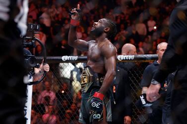NEWARK, NEW JERSEY - MAY 06: Aljamain Sterling of Jamaica celebrates his victory over Henry Cejudo (not pictured) during their bantamweight title bout at UFC 288 at Prudential Center on May 06, 2023 in Newark, New Jersey.  Sterling won by judge's decision.    Sarah Stier / Getty Images / AFP (Photo by Sarah Stier  /  GETTY IMAGES NORTH AMERICA  /  Getty Images via AFP)