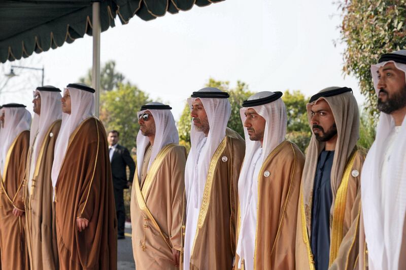 ISLAMABAD, PAKISTAN - January 06, 2019: (R-L) HE Mohamed Mubarak Al Mazrouei, Undersecretary of the Crown Prince Court of Abu Dhabi, HH Sheikh Khalifa bin Tahnoon bin Mohamed Al Nahyan, Director of the Martyrs' Families' Affairs Office of the Abu Dhabi Crown Prince Court, HH Sheikh Mohamed bin Tahnoon Al Nahyan, HH Major General Pilot Sheikh Ahmed bin Tahnoon bin Mohamed Al Nahyan, Chairman of the National and Reserve Service Authority and HE Suhail bin Mohamed Faraj Faris Al Mazrouei, UAE Minister of Energy, attend a reception at the Prime Minister's residence.

(  Mohammed Al Hammadi / Ministry of Presidential Affairs )
---