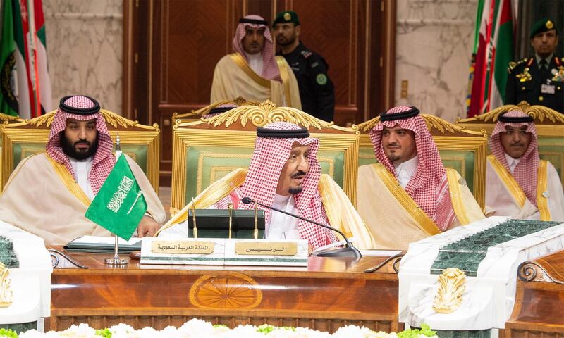 Saudi King Salman bin Abdulaziz, centre, and Saudi Crown Prince Mohammed bin Salman, at the start of the summit. EPA