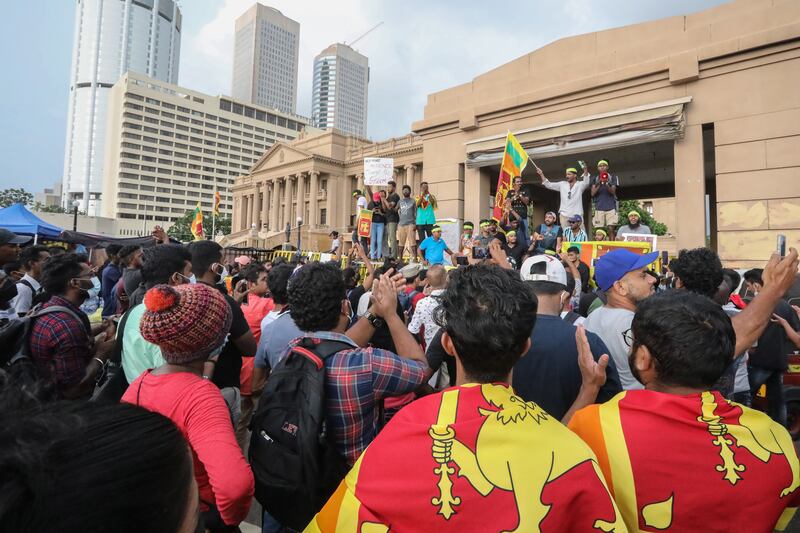 Protesters in Colombo after President Gotabaya Rajapaksa lost his parliamentary majority. EPA