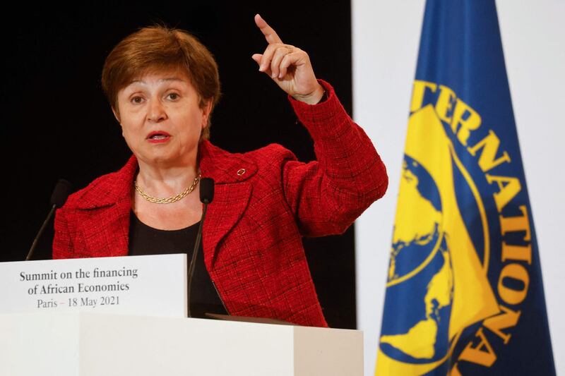 (FILES) In this file photo taken on May 18, 2021 International Monetary Fund Managing Director Kristalina Georgieva speaks during a joint press conference at the end of the Summit on the Financing of African Economies in Paris. Warning the continent faces slower growth, rising debt levels and a shortage of Covid-19 vaccines, Director  Georgieva on June 24, 2021, appealed for more aid to African countries to help them bounce back from the pandemic. / AFP / POOL / Ludovic MARIN
