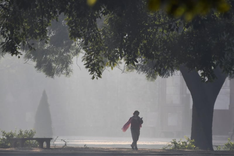 An Indian woman walks early in the morning amid heavy smog in the garden of Humayun's Tomb in New Delhi on December 6, 2017. / AFP PHOTO / DOMINIQUE FAGET