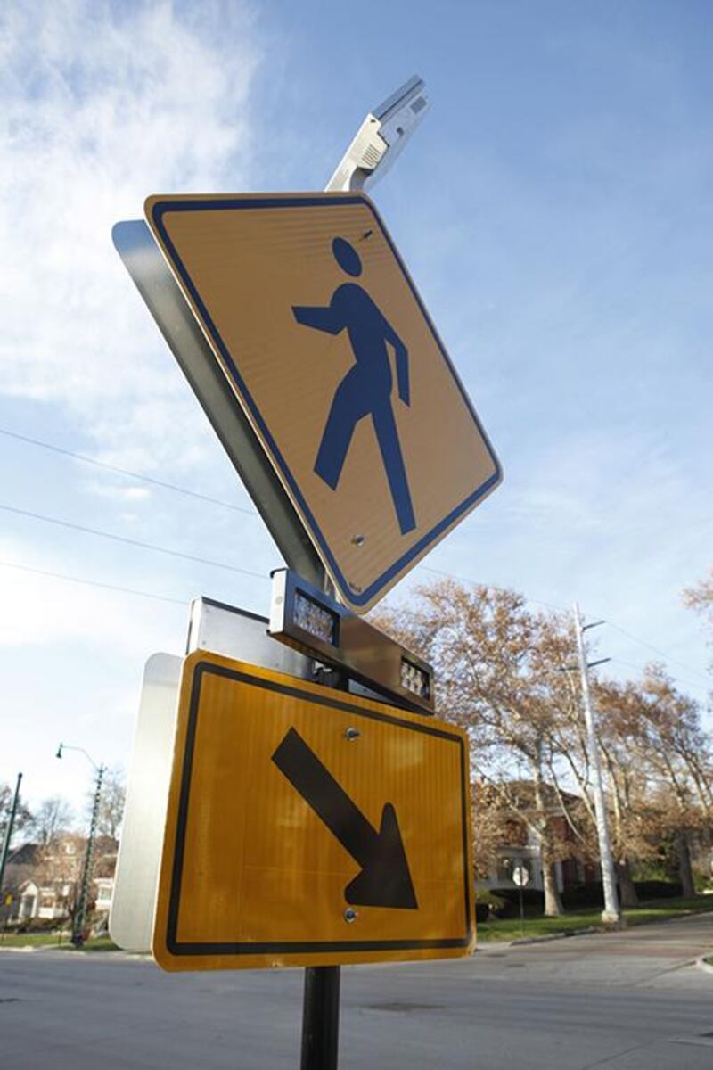 Rectangular rapid flashing beacons are pedestrian-activated, warning lights that notify drivers when a pedestrian is entering a crosswalk. Courtesy of Carmanah Technologies Corp, Victoria, Canada