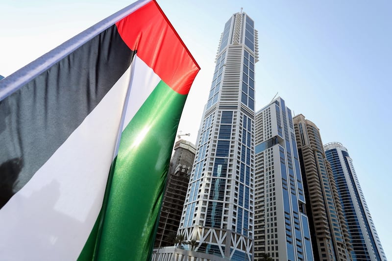 Dubai, United Arab Emirates - November 2nd, 2017: UAE flags up at Media City, Flag day. Thursday, November 2nd, 2017 at Media City, Dubai. Chris Whiteoak / The National