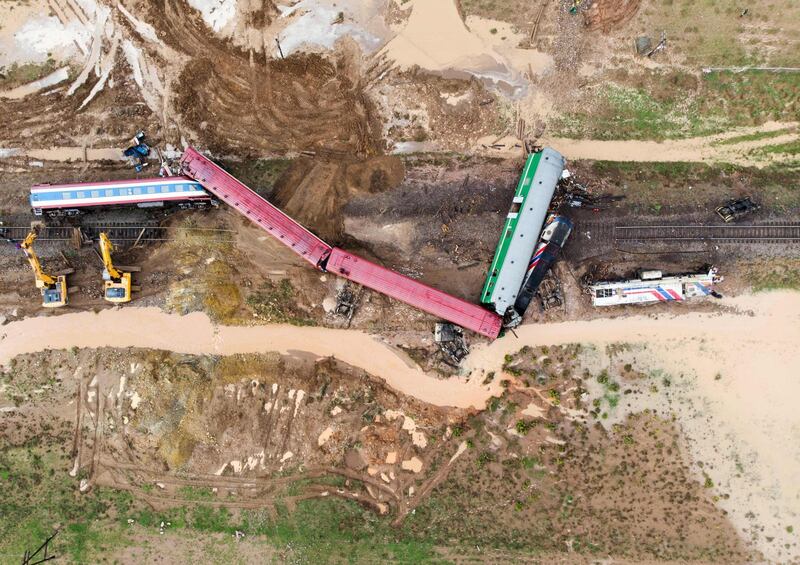 An aerial view of the site of a train derailment caused by heavy rainfall near Airag soum, southeast Mongolia. Byambasuren Byamba-Ochir/AFP