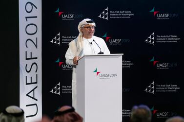 UAE Minister of State for Foreign Affairs Dr Anwar Gargash speaking at UAE Security Forum 2019: Reshaping the Future of the Horn of Africa. Reem Mohammed/The National