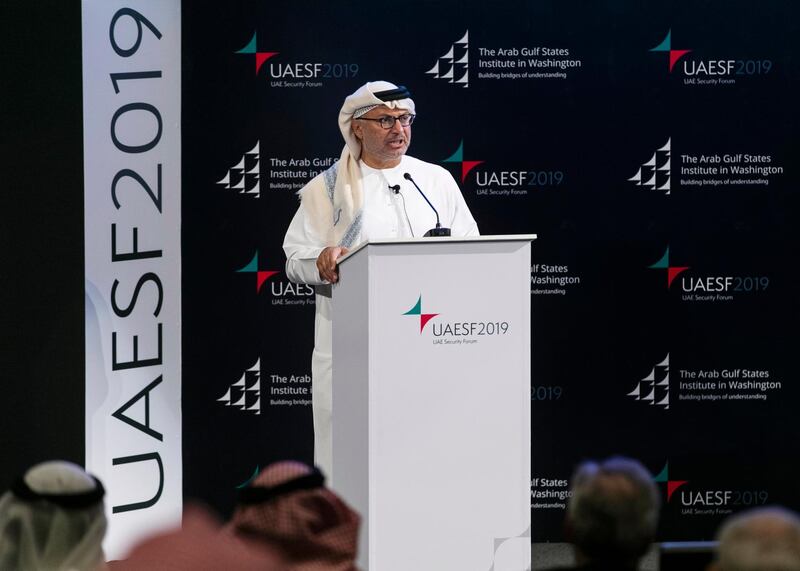 ABU DHABI, UNITED ARAB EMIRATES. 12 DECEMBER 2019. 
H.E. Anwar Gargash, Minister of State for Foreign Affairs, United Arab Emirates, speaking at UAE Security Forum 2019: Reshaping the Future of the Horn of Africa, at NYU AD.

(Photo: Reem Mohammed/The National)

Reporter:
Section: