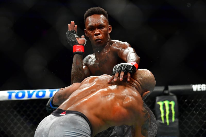 Israel Adesanya fights Yoel Romero during UFC 248 at T-Mobile Arena. Reuters