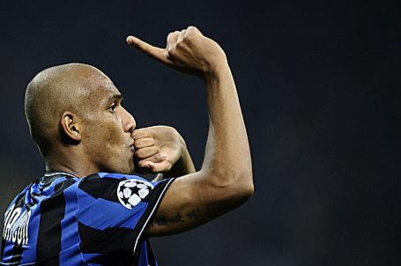 Maicon celebrates after scoring in Inter's Champions League victory over Barcelona this week.