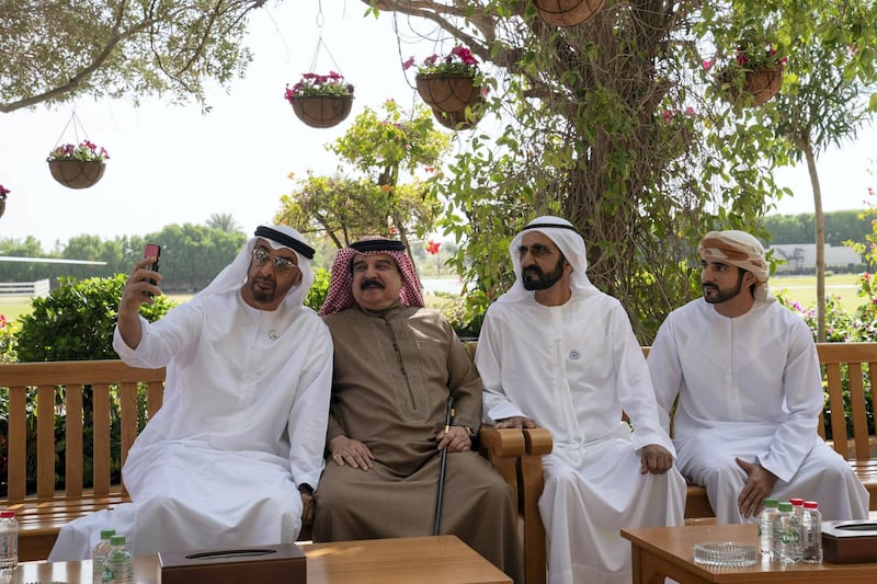 DUBAI, UNITED ARAB EMIRATES - December 23, 2018: HH Sheikh Mohamed bin Rashid Al Maktoum, Vice-President, Prime Minister of the UAE, Ruler of Dubai and Minister of Defence (2nd R) and HH Sheikh Mohamed bin Zayed Al Nahyan, Crown Prince of Abu Dhabi and Deputy Supreme Commander of the UAE Armed Forces (L), receive HM King Hamad bin Isa Al Khalifa, King of Bahrain (3rd R), in Dubai. Seen with HH Sheikh Hamdan bin Mohamed Al Maktoum, Crown Prince of Dubai (R).

( Mohamed Al Hammadi / Ministry of Presidential Affairs )
---