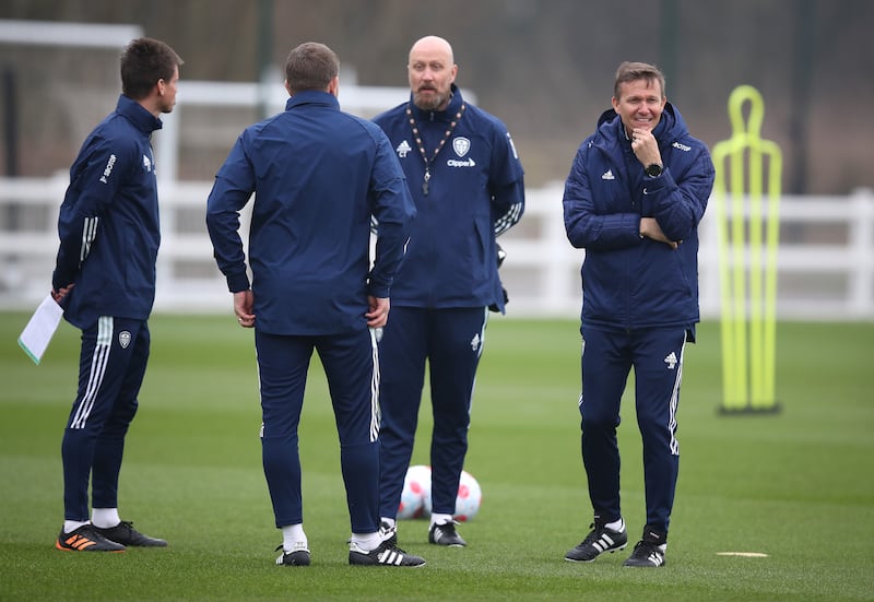 New Leeds United manager Jesse Marsch with his coaching staff. Getty 