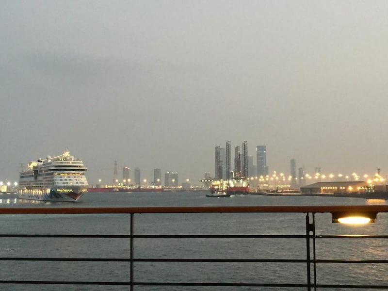 The Celebrity ­Constellation pushes out of Mina Zayed, with the Abu Dhabi skyline in view. Courtesy Christine Iyer