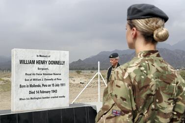 FUJAIRAH , UNITED ARAB EMIRATES , FEB 14 – 2018 :- Soldiers from UK Air Force during the memorial service of William Henry Donnelly , Sergeant , Royal Air Force who was died on 14 February 1943 after his Wellington Bomber crashed during the WW2 in Fujairah. ( Pawan Singh / The National ) For News. Story by John
