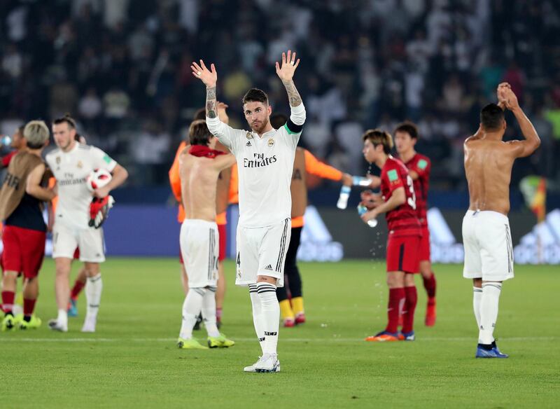 Abu Dhabi, United Arab Emirates - December 19, 2018: Capt Sergio Ramos of Real Madrid thanks the crowd after the game between Real Madrid and Kashima Antlers in the Fifa Club World Cup semi final. Wednesday the 19th of December 2018 at the Zayed Sports City Stadium, Abu Dhabi. Chris Whiteoak / The National