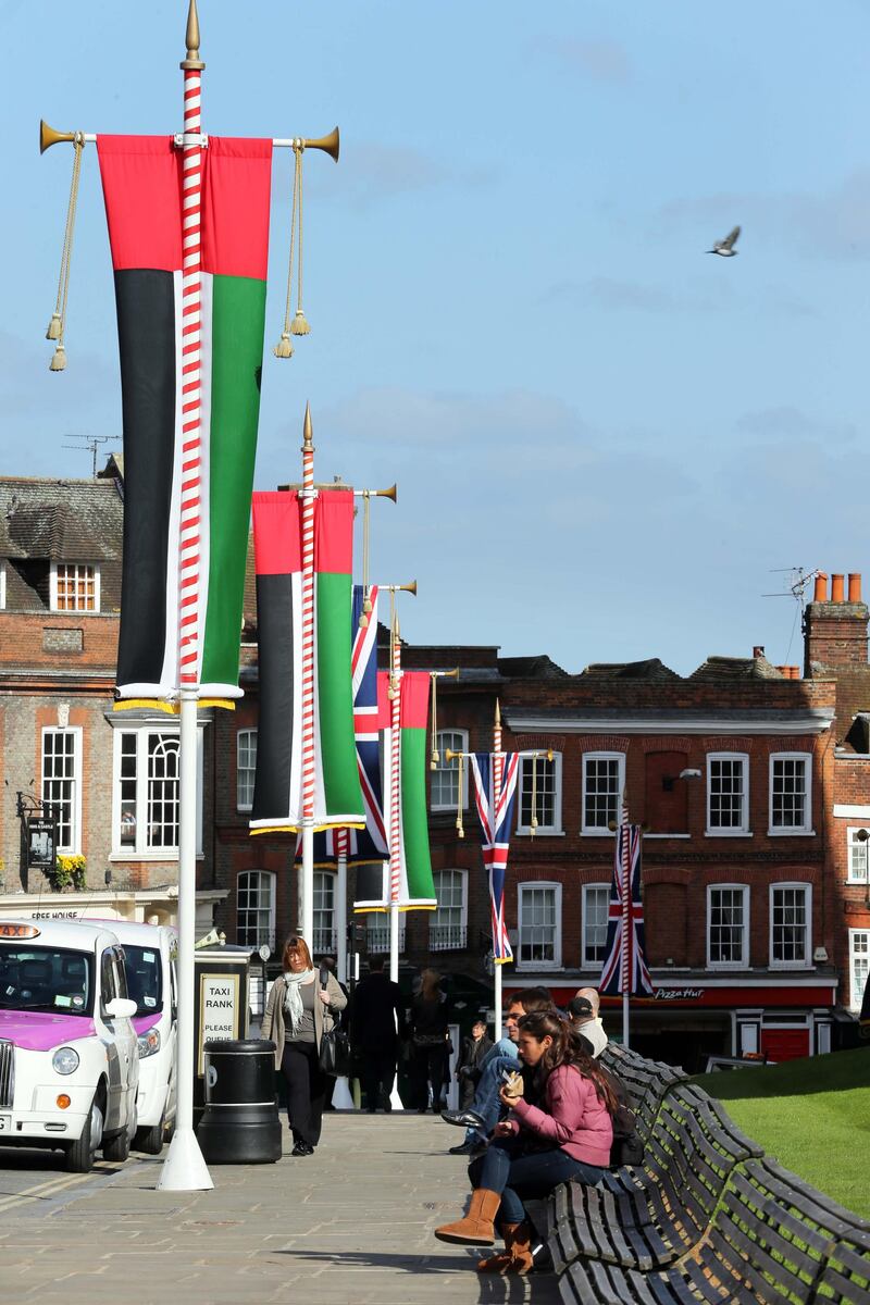 WINDSOR, UK Monday 29th April 2013. UAE flags line Windsor High Street today (monday) in readiness for  President Khalifa's state carriage procession with The Queen and The Duke of Edinburgh ,Tuesday 30th April. Stephen Lock for The National